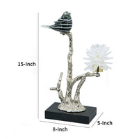 Sue 15 Inch Accent Decor Figurine, Bird on a Branch, Flower, Black, Silver - BM285005