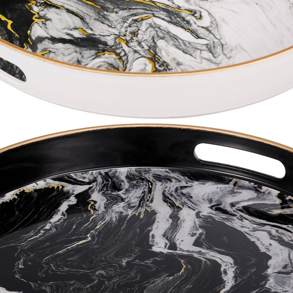 Set of 2 Round Accent Trays, Tabletop Decor, Marbling, Black, White, Gold - BM285013