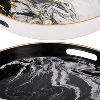 Set of 2 Round Accent Trays, Tabletop Decor, Marbling, Black, White, Gold - BM285013