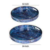 Set of 2 Round Accent Trays, Tabletop Decor, Marbling, Blue, Gold Marbling - BM285014