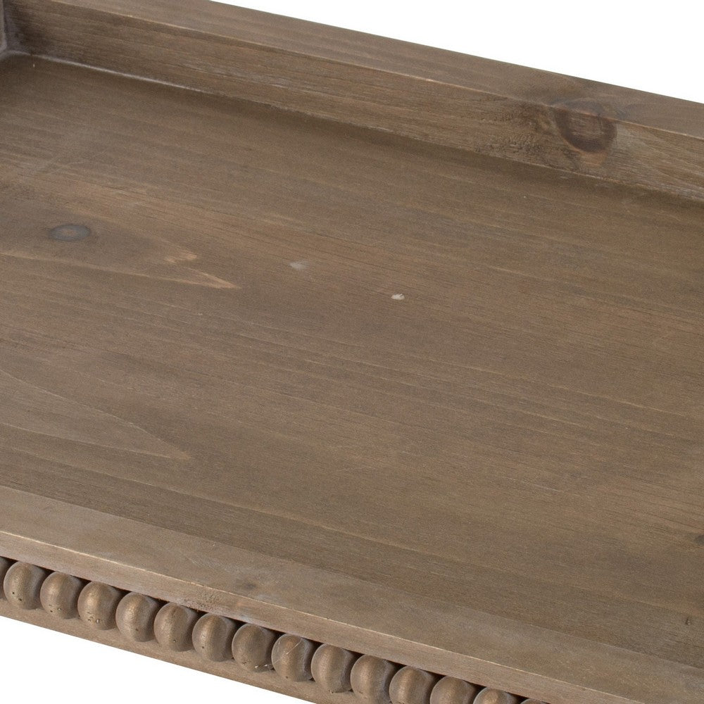24 Inch Rustic Wood Serving Tray with Iron Handles, Classic Trim, Brown - BM285018