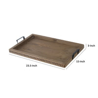 24 Inch Rustic Wood Serving Tray with Iron Handles, Classic Trim, Brown - BM285018