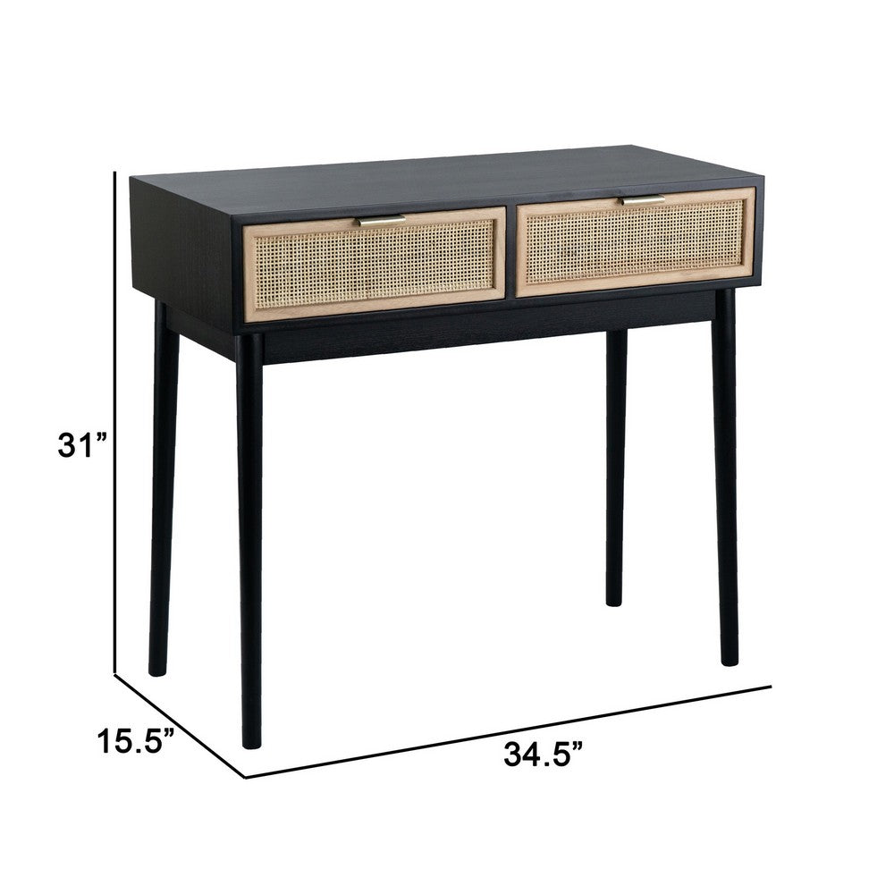 Ela 35 Inch 2 Drawer Wood Console Table, Woven Rattan Panels, Brown, Black - BM285044