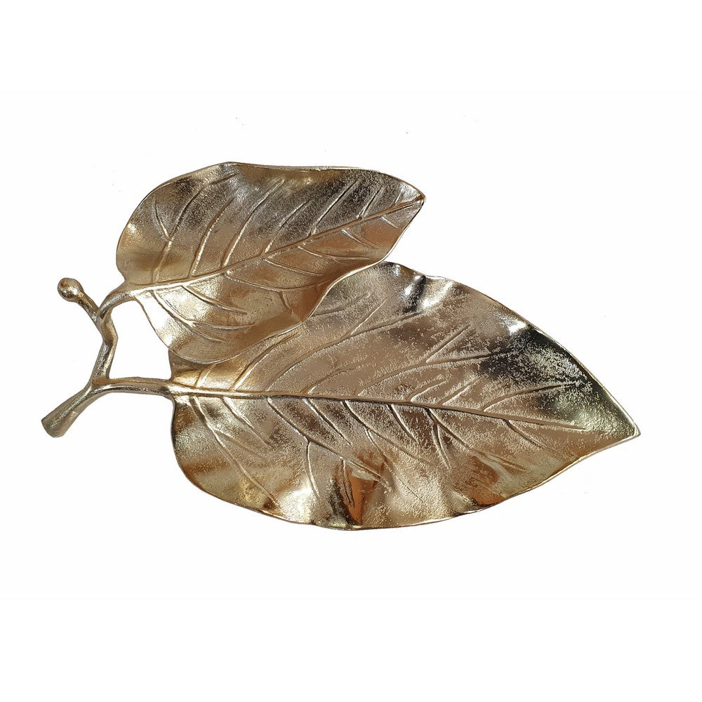 16 Inch Artisanal Dual Leaf Decorative Platter, Lightweight Aluminum, Gold - BM285082