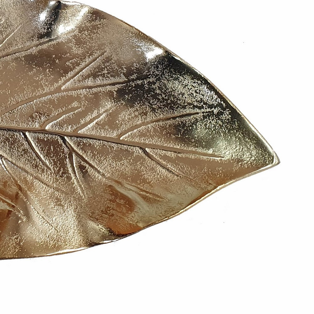 16 Inch Artisanal Dual Leaf Decorative Platter, Lightweight Aluminum, Gold - BM285082