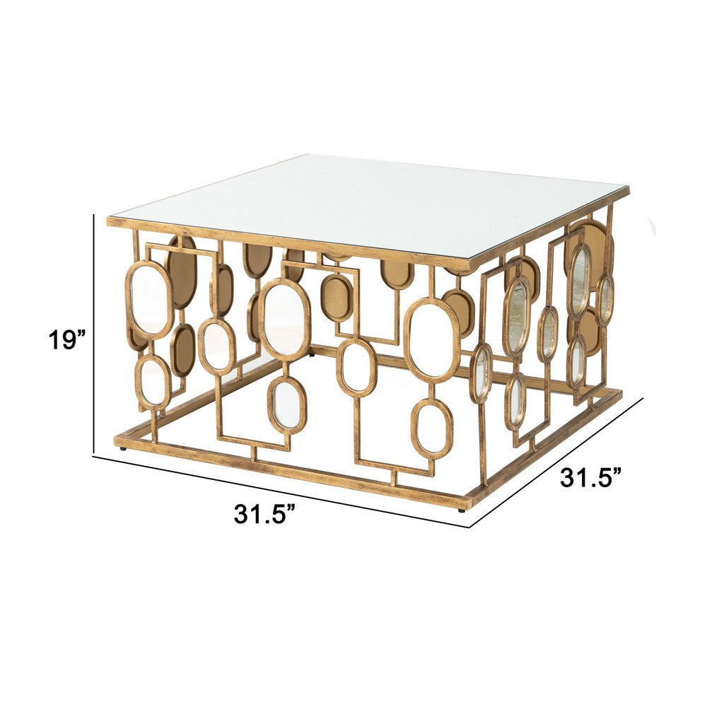 32 Inch Coffee Table, Mirror Top, Geometric Patterns, Iron, Modern, Gold - BM285091