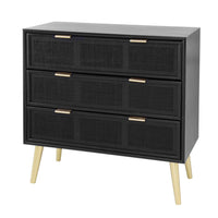 31 Inch Dresser Chest Cabinet, 3 Drawers, Woven Rattan, Modern, Black, Gold - BM285092