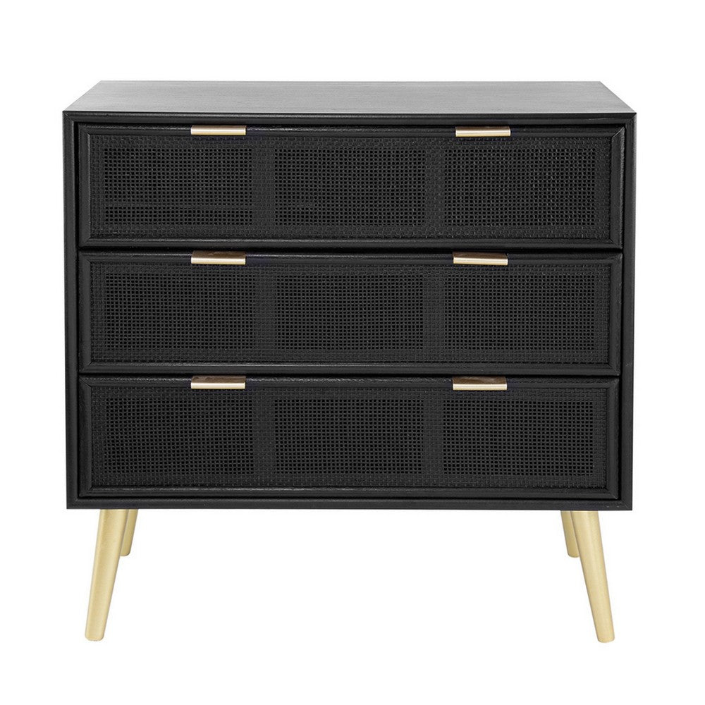 31 Inch Dresser Chest Cabinet, 3 Drawers, Woven Rattan, Modern, Black, Gold - BM285092