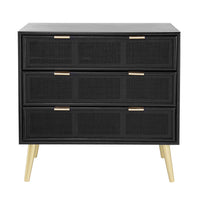 31 Inch Dresser Chest Cabinet, 3 Drawers, Woven Rattan, Modern, Black, Gold - BM285092