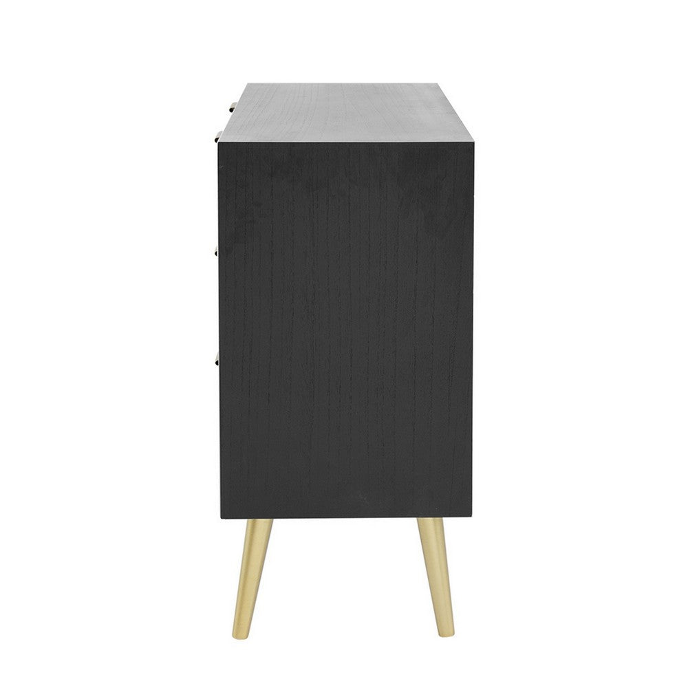 31 Inch Dresser Chest Cabinet, 3 Drawers, Woven Rattan, Modern, Black, Gold - BM285092