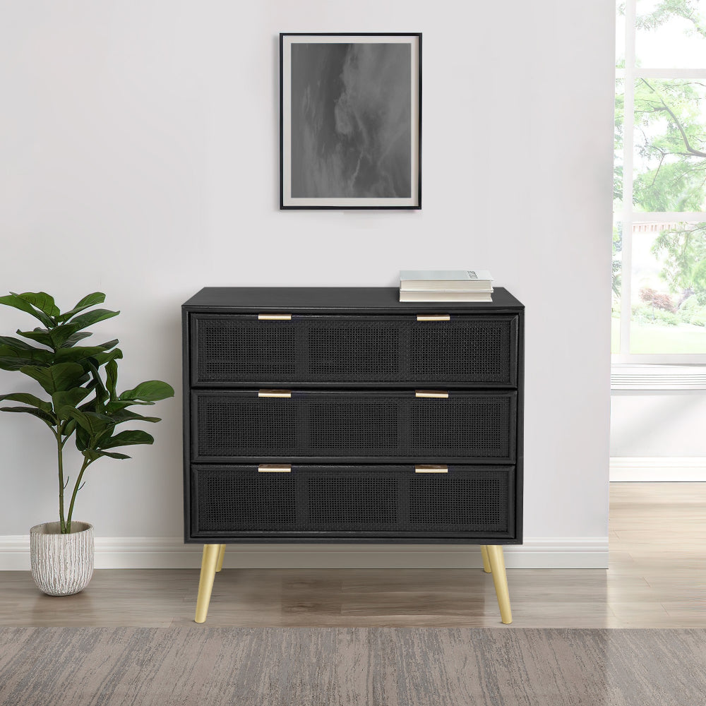31 Inch Dresser Chest Cabinet, 3 Drawers, Woven Rattan, Modern, Black, Gold - BM285092