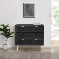 31 Inch Dresser Chest Cabinet, 3 Drawers, Woven Rattan, Modern, Black, Gold - BM285092