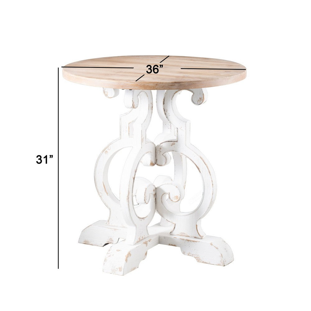 36 Inch Round Table, Classic, Sculptural Base, Wood, Modern, White, Brown - BM285094