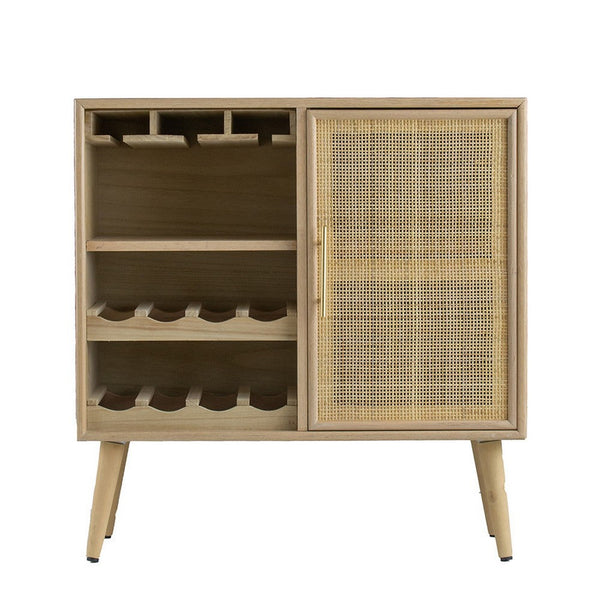 Dana 31 Inch Wood Wine Cabinet, 2 Shelves, Glass Hanger, Rattan Door, Brown - BM285104
