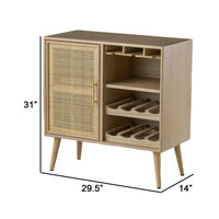 Dana 31 Inch Wood Wine Cabinet, 2 Shelves, Glass Hanger, Rattan Door, Brown - BM285104