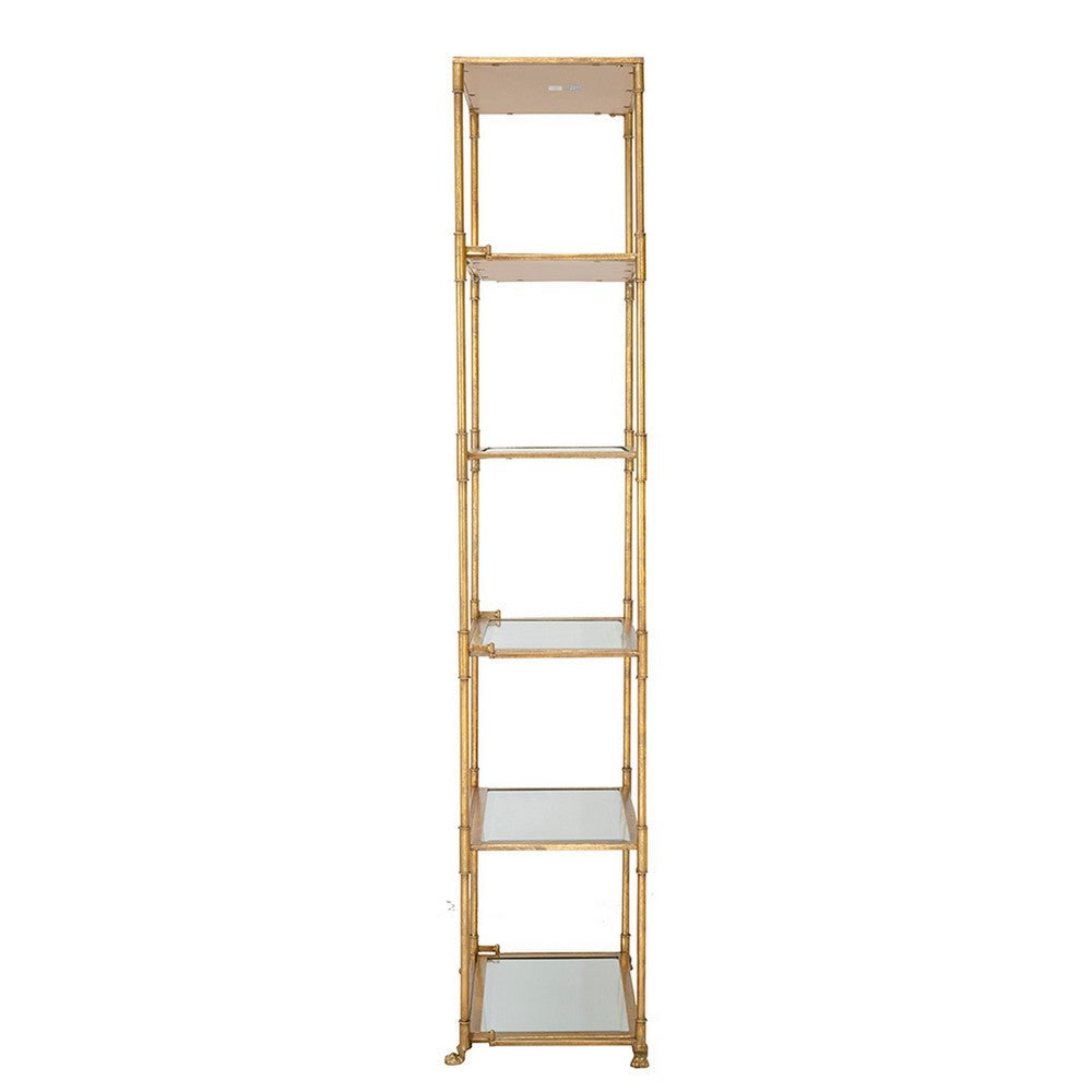 71 Inch Shelf, 6 Tier Design, 5 Glass Shelves, Iron Frame, Gold Finish - BM285111