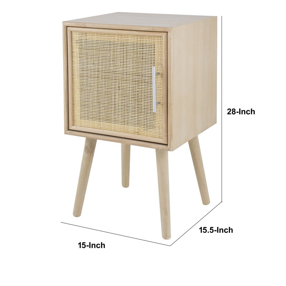 Oli 28 Inch Accent Cabinet Table, Rattan Door, Splayed Legs, Natural Brown - BM285135