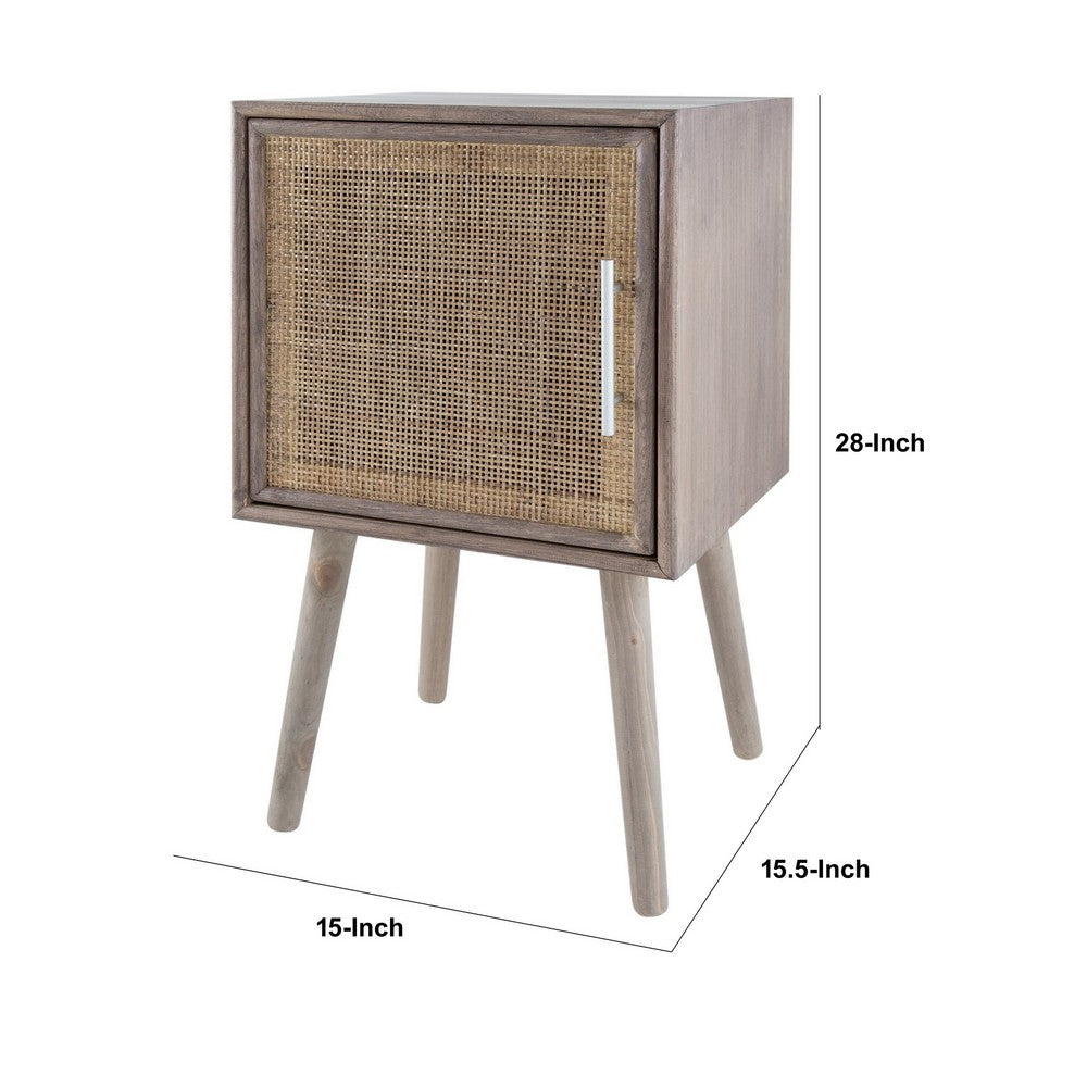 Oli 28 Inch Accent Cabinet Table, Rustic Rattan Door, Splayed Legs, Brown, Gray - BM285136