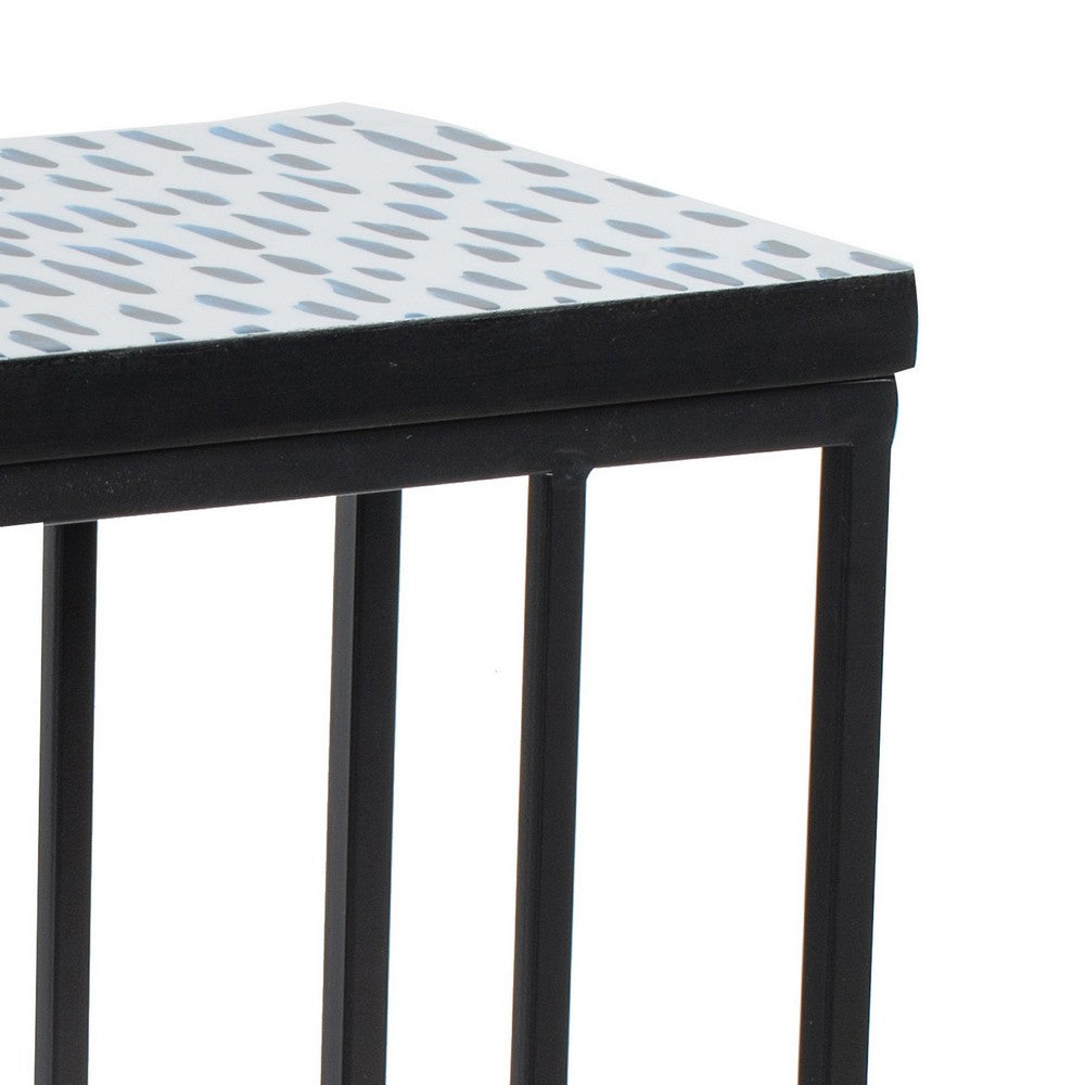 24 Inch End Side Table, Blue Patterned Top, C Shape Open Frame, Black - BM285166