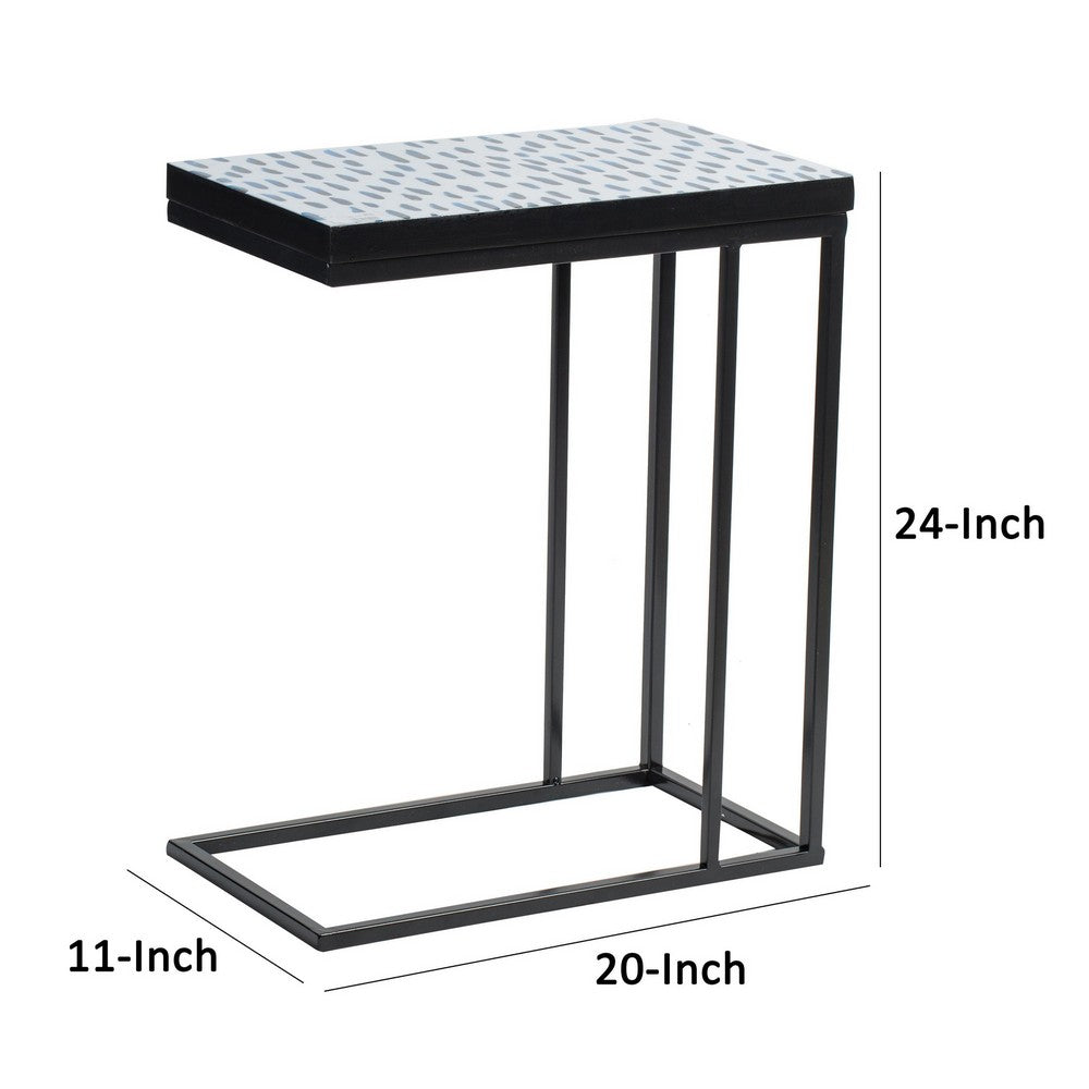 24 Inch End Side Table, Blue Patterned Top, C Shape Open Frame, Black - BM285166