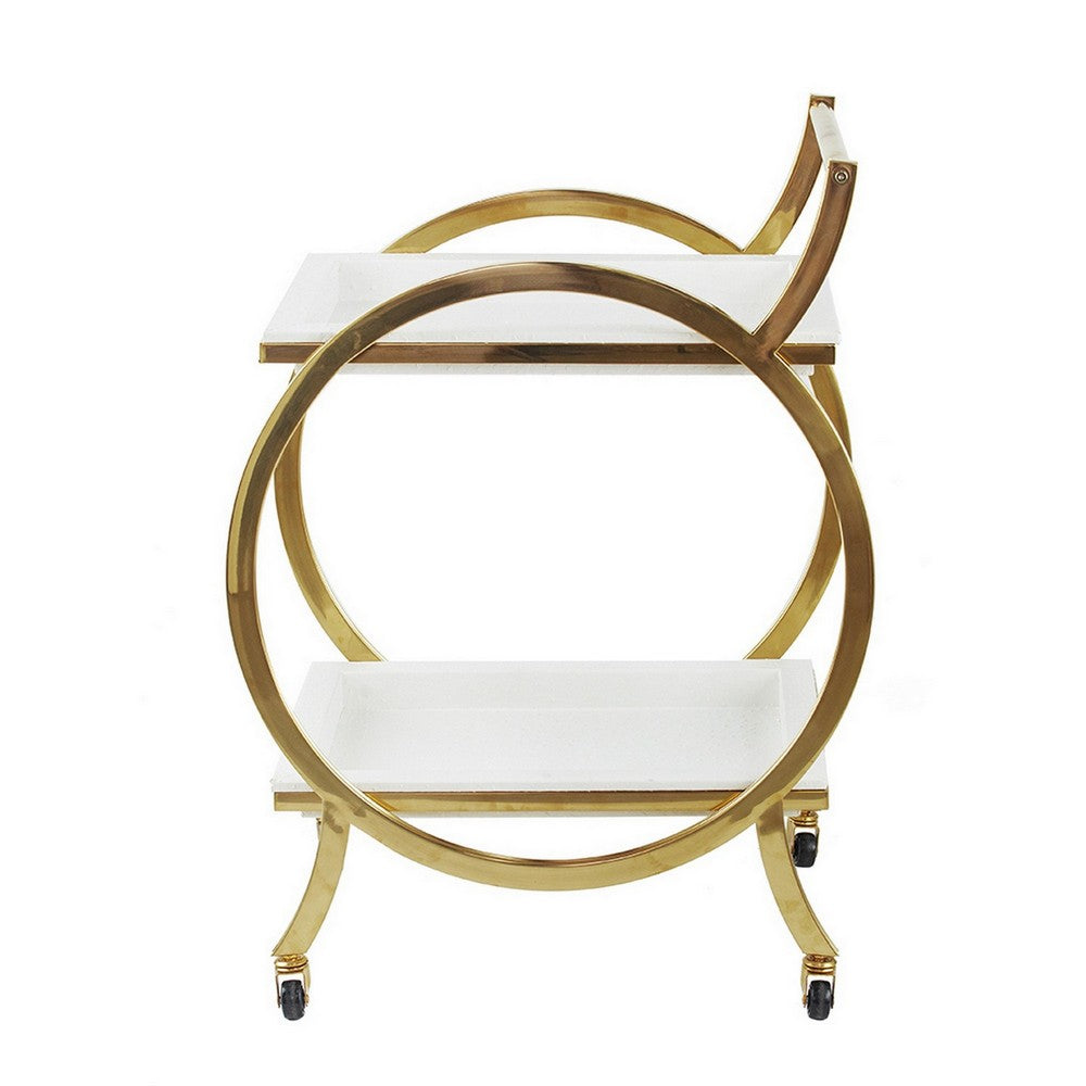 Sia 34 Inch Rolling Bar Cart, Round Steel Frame, Removable Trays White Gold - BM285170