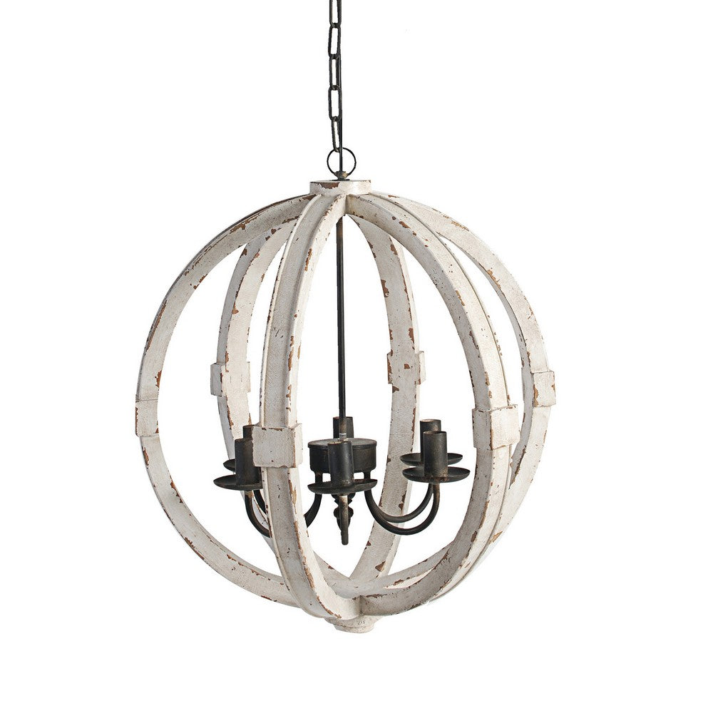 22 Inch 6 Light Wood Chandelier, Candelabra Style,Classic, White Finish - BM285175