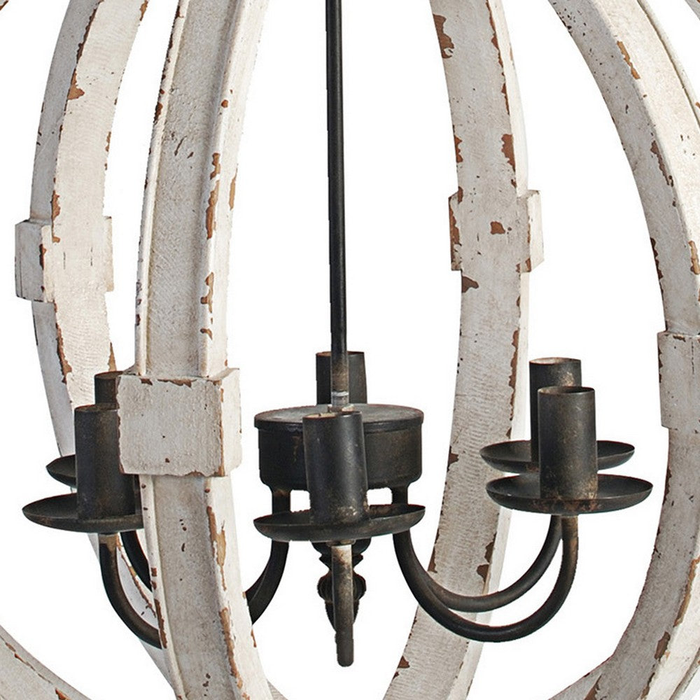 22 Inch 6 Light Wood Chandelier, Candelabra Style,Classic, White Finish - BM285175