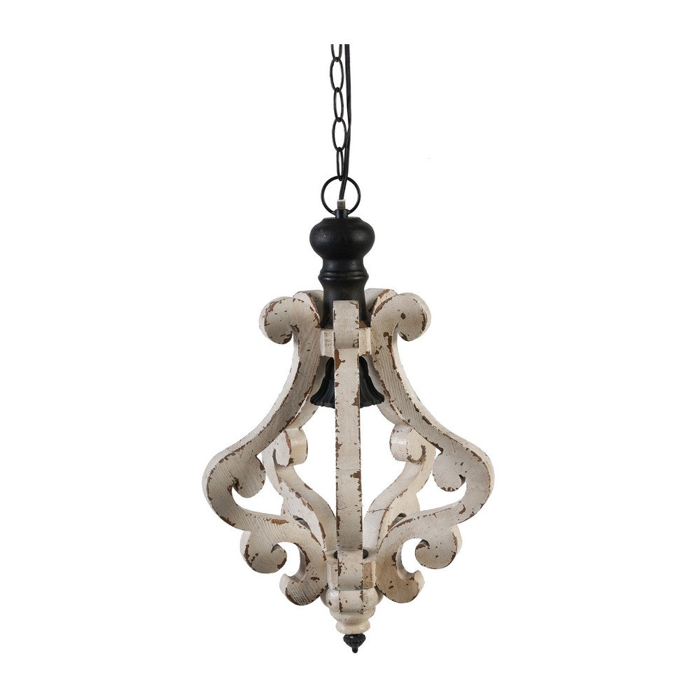 13 Inch 1 Light Chandelier, Classic Fir Wood Scrollwork, Iron, White, Black - BM285194