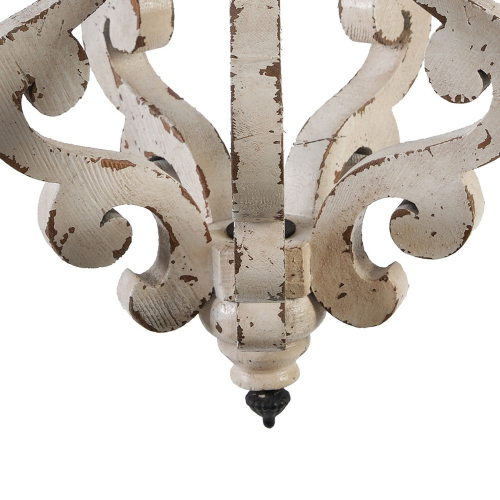 13 Inch 1 Light Chandelier, Classic Fir Wood Scrollwork, Iron, White, Black - BM285194