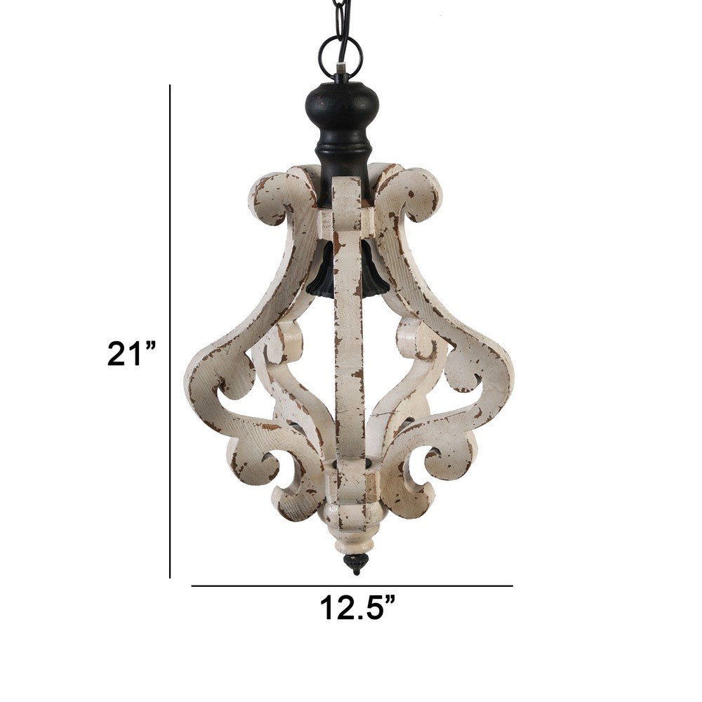 13 Inch 1 Light Chandelier, Classic Fir Wood Scrollwork, Iron, White, Black - BM285194