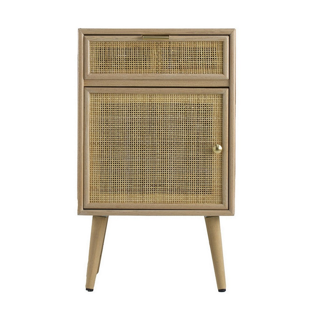 Keli 28 Inch Accent Cabinet, 1 Drawer, Pine, Woven Rattan Design, Natural - BM285208