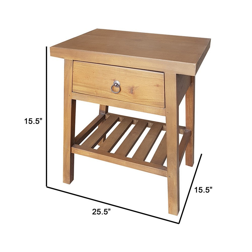 26 Inch Side Table, Classic Look, Drawer, Slatted Shelf, Modern Wood Brown - BM285211