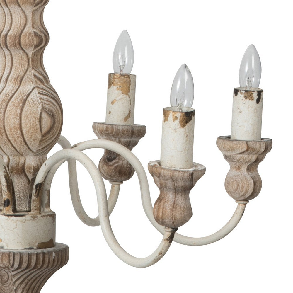 Kol 22 Inch Traditional 6 Light Chandelier, Fir Wood, Iron, Antique White - BM285214