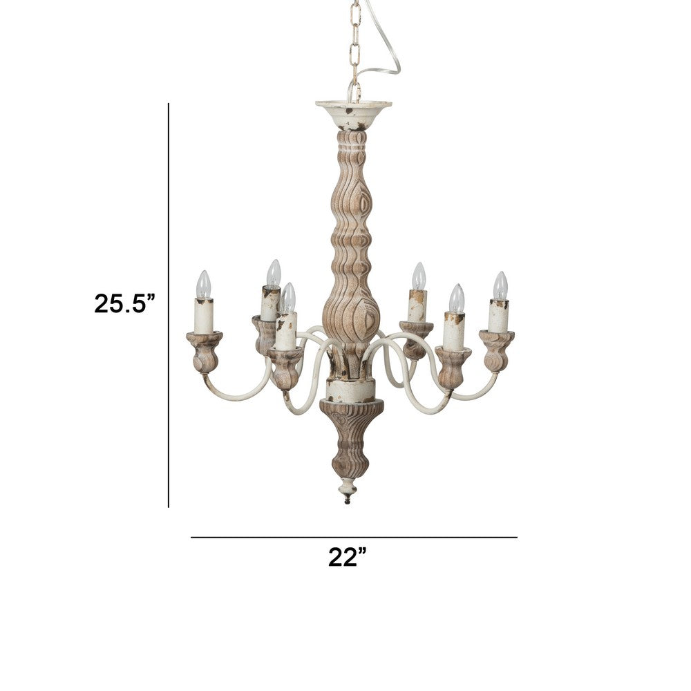 Kol 22 Inch Traditional 6 Light Chandelier, Fir Wood, Iron, Antique White - BM285214