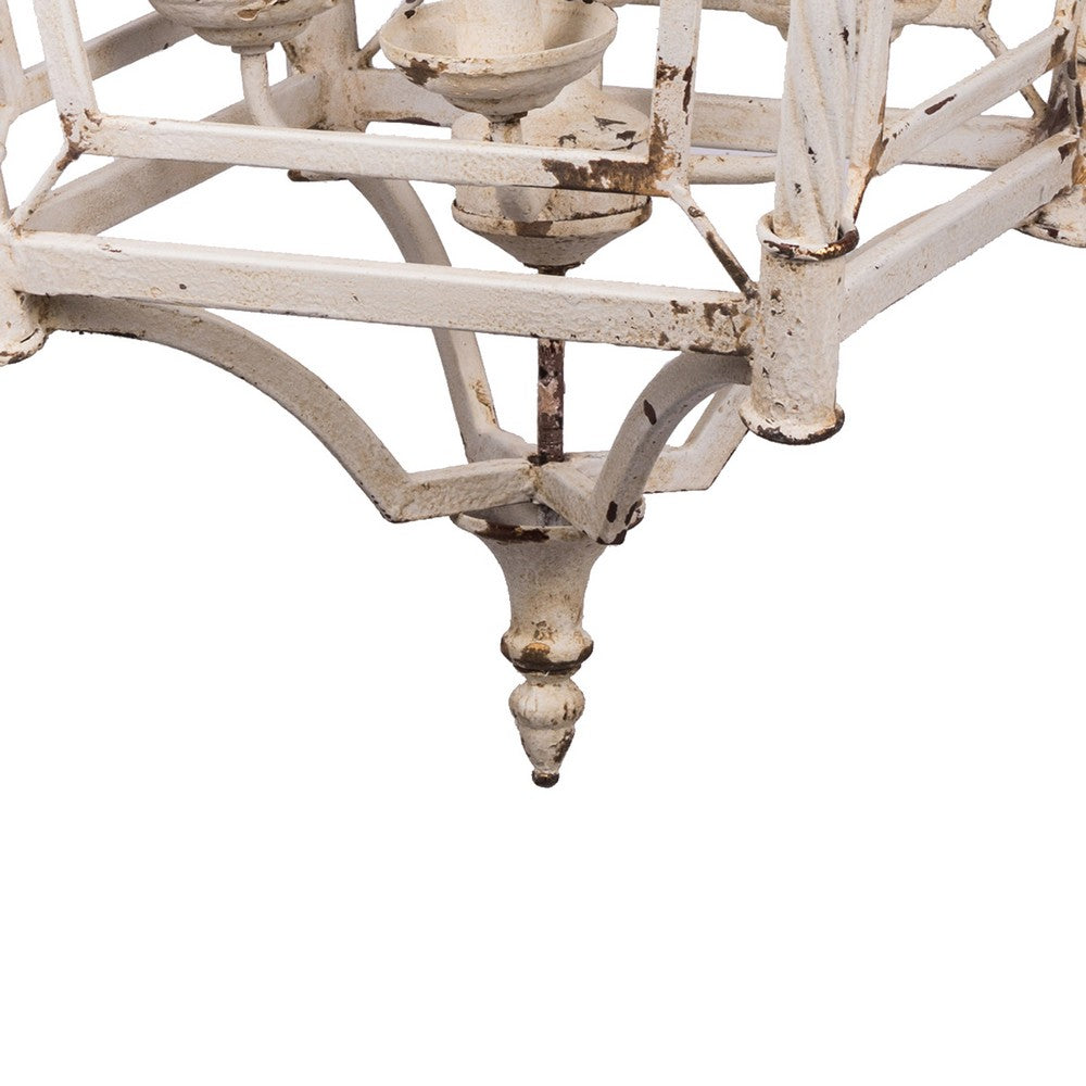 18 Inch Chandelier, Birdcage Design Iron, Farmhouse Weathered Antique White - BM285215