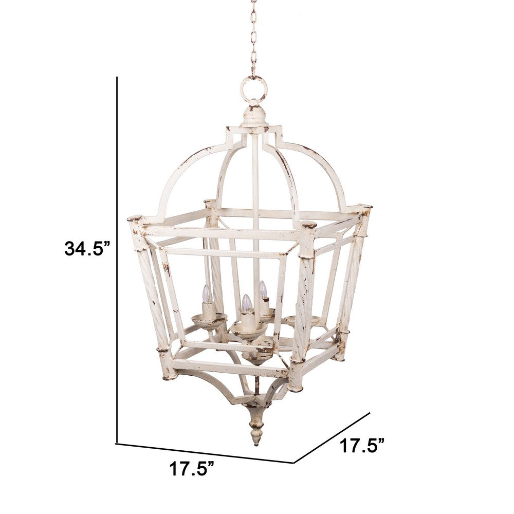 18 Inch Chandelier, Birdcage Design Iron, Farmhouse Weathered Antique White - BM285215