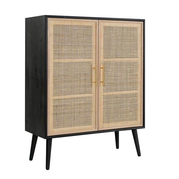 Dana 40 Inch Storage Cabinet, Wood Frame, 2 Shelves, 2 Rattan Doors, Black - BM285226
