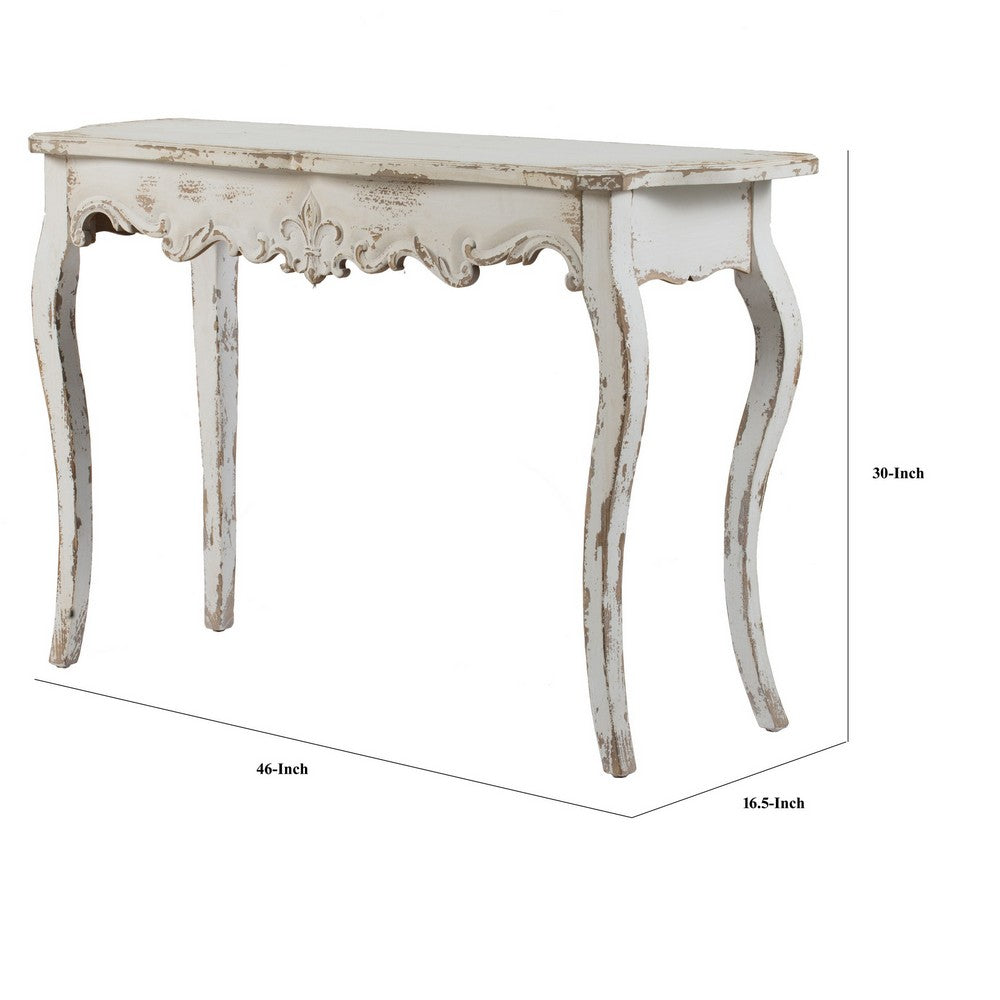 30 Inch Console Table, Fir Wood, Rectangle, Curved Legs, Distressed White - BM285232