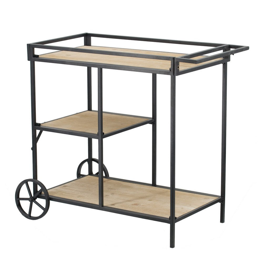 32 Inch Bar Cart, 3 Tiers, Fir Wood Shelves, Iron Frame, Black, Brown - BM285235