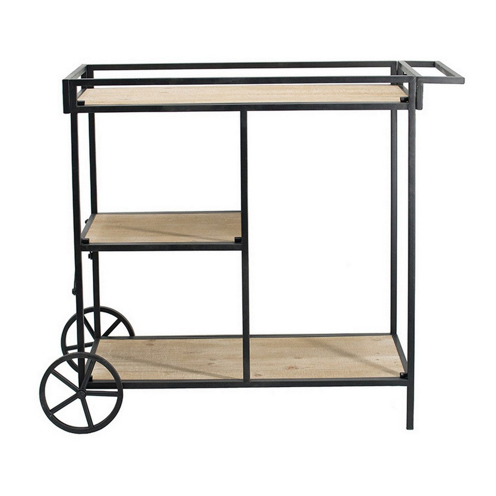 32 Inch Bar Cart, 3 Tiers, Fir Wood Shelves, Iron Frame, Black, Brown - BM285235