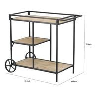 32 Inch Bar Cart, 3 Tiers, Fir Wood Shelves, Iron Frame, Black, Brown - BM285235