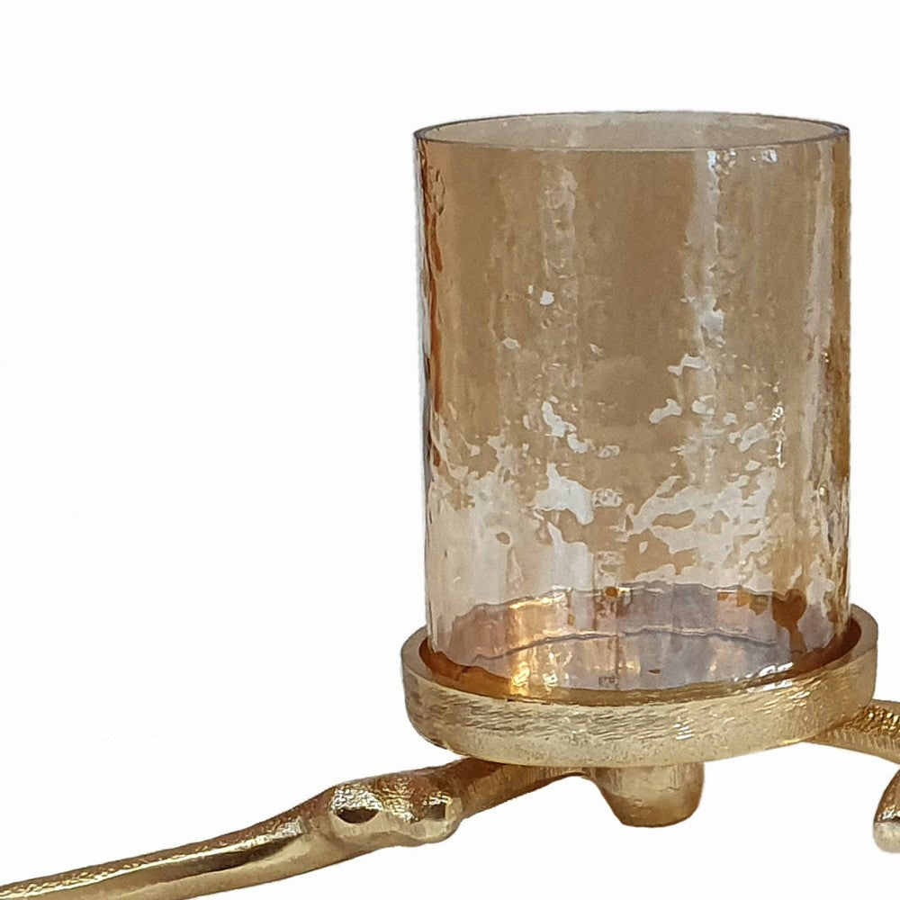 16 Inch 3 Pillar Candle Holder, Aluminum, Accented Frosted Glass, Gold - BM285263