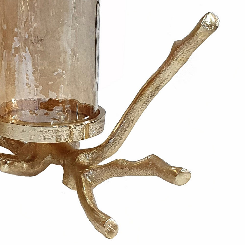 16 Inch 3 Pillar Candle Holder, Aluminum, Accented Frosted Glass, Gold - BM285263