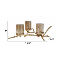 16 Inch 3 Pillar Candle Holder, Aluminum, Accented Frosted Glass, Gold - BM285263