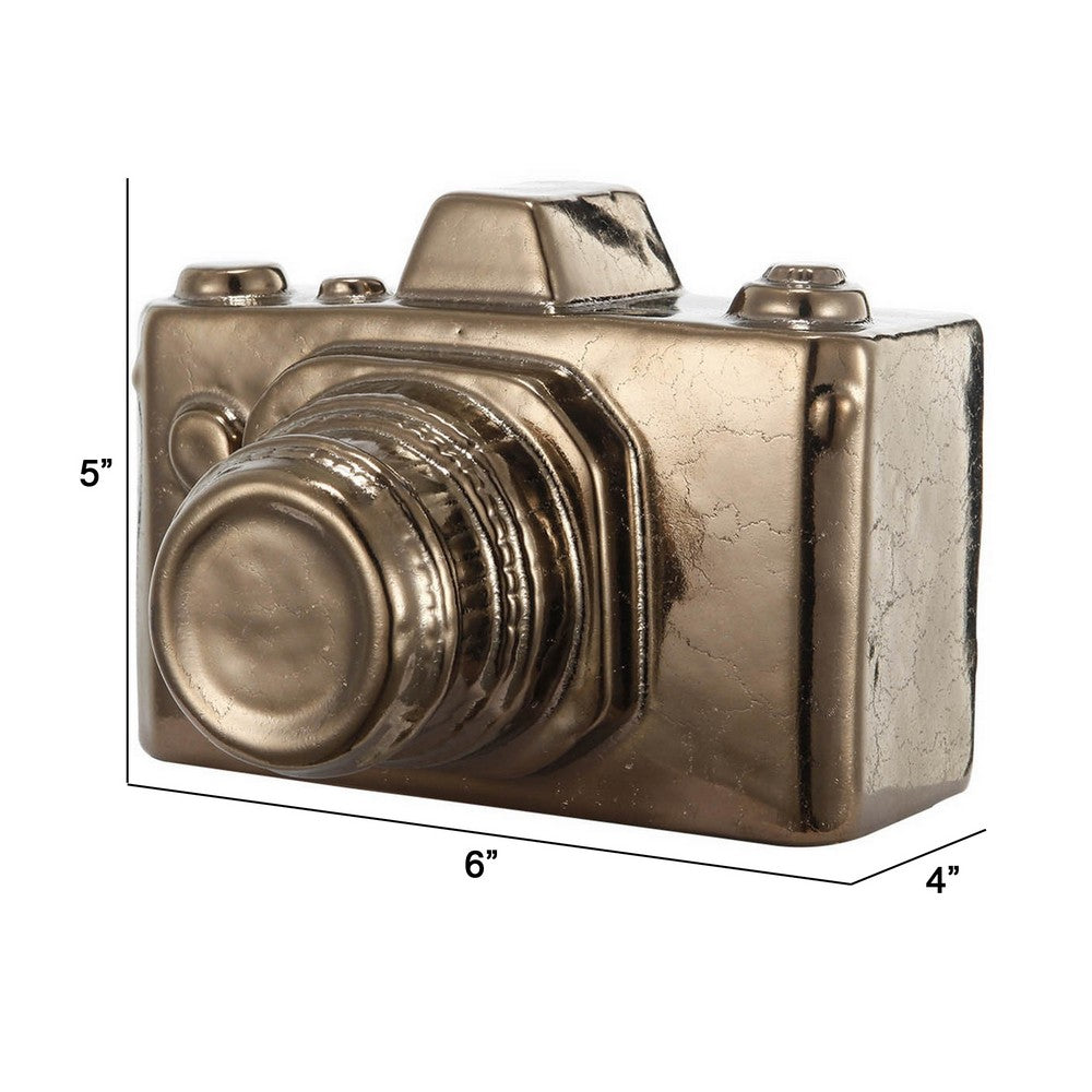 6 Inch Decorative Camera Table Top Accent, Distressed Gold Finish Ceramic - BM285272