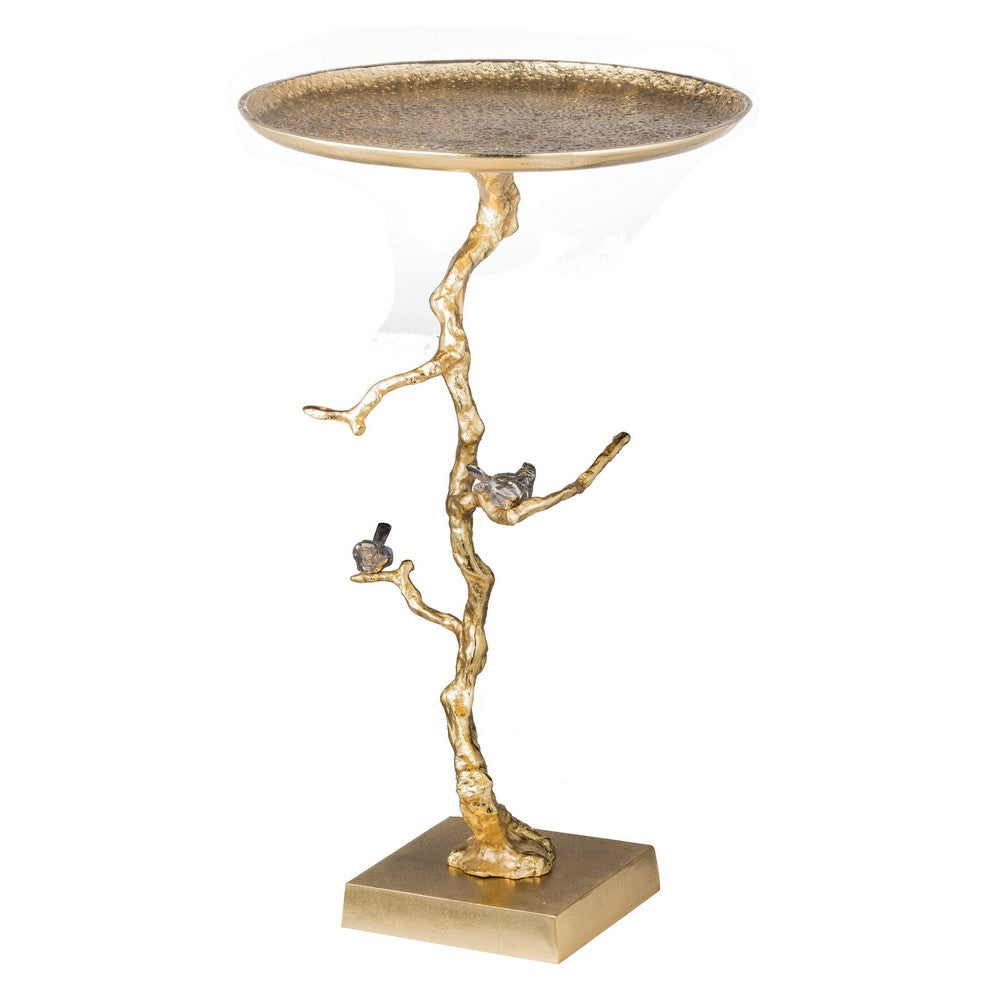 28 Inch Accent Table, Artful Branchlike Frame, Silver Bird Accents, Gold - BM285329
