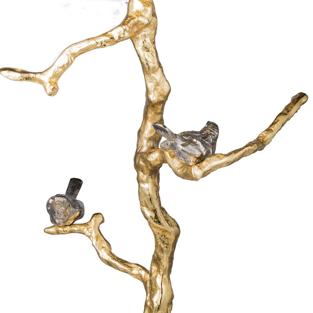 28 Inch Accent Table, Artful Branchlike Frame, Silver Bird Accents, Gold - BM285329