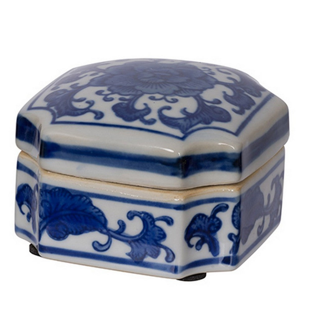 Set of 3 Decorative Boxes, White and Blue Porcelain Pottery, Floral Designs - BM285351