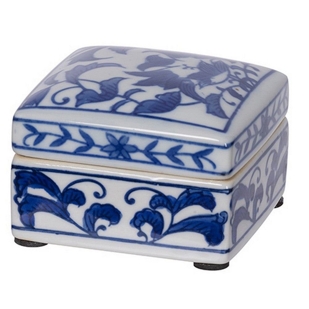 Set of 3 Decorative Boxes, White and Blue Porcelain Pottery, Floral Designs - BM285351