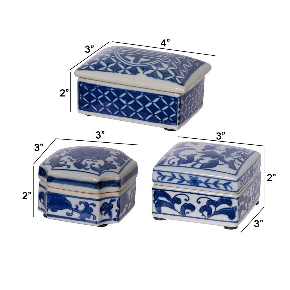 Set of 3 Decorative Boxes, White and Blue Porcelain Pottery, Floral Designs - BM285351